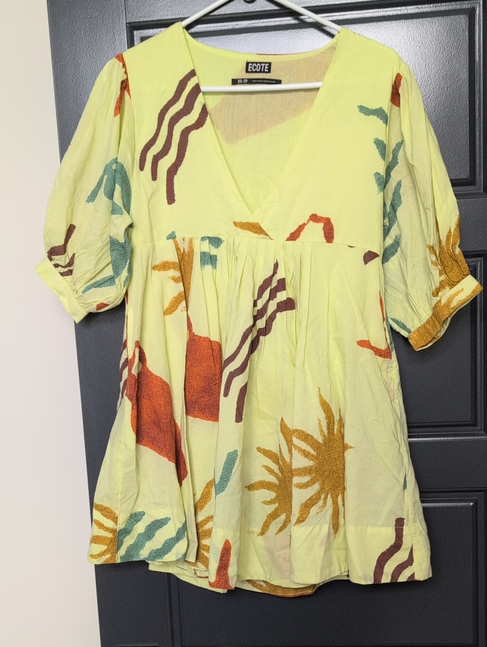 Ecote Yellow Printed V-Neck Swing Mini Dress Size XS/S Lined
